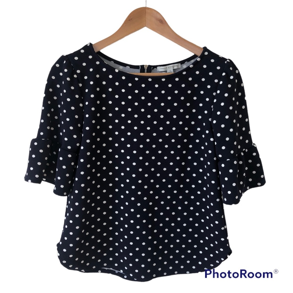 GREEN ENVELOPE Navy & White Polka Dot Top with Bell Sleeves